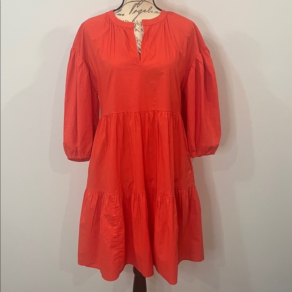Sundry x Evereve The Anywhere dress cotton poplin tiered bright coral L - Picture 2 of 11